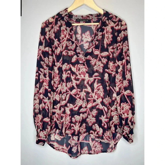 ZARA Sheer Studded FLORAL PRINT BLOUSE Button Down Pullover Career Top Sz Small - Picture 1 of 10